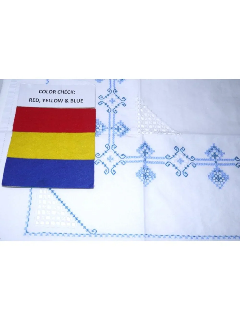Vintage hand embroidered needlepoint cotton tablecloth blue & white 33 x 33.5